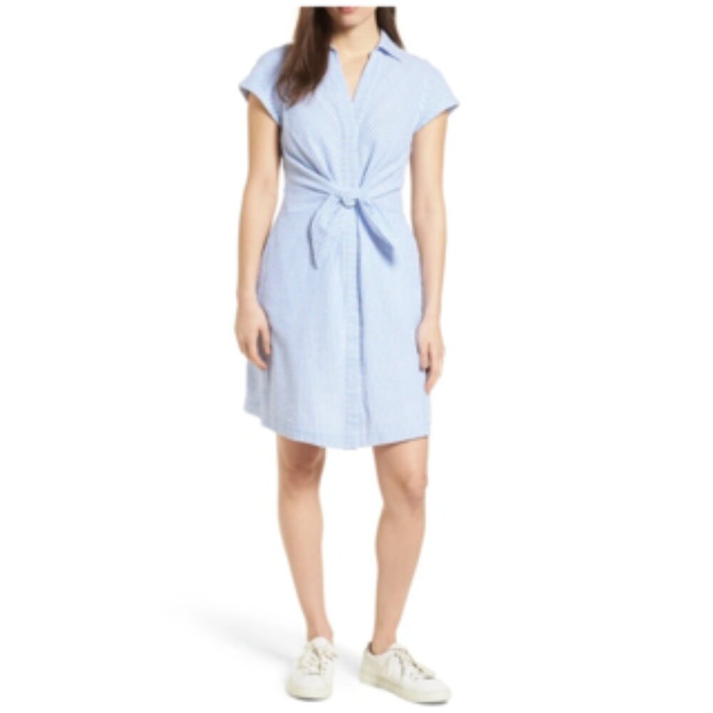 Vineyard Vines Tie Front Seersucker Shirtdress In Cornflower